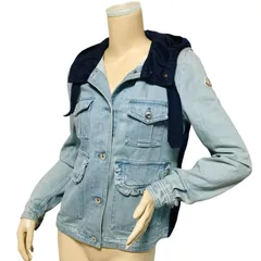 美品★MONCLER・モンクレール【RESINITE】レディース ブランドアイコンワッペン フード付 ヴィンテージ加工 ナイロンコンビ デニムジャケット (0/SM相当) レディースジャケット 冬物 春物 カジュアル トップス アウター