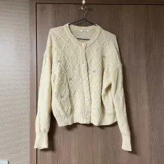 GROVE グローブストア アイボリー ケーブル編み カーディガン ウールカーディガン 螺鈿カーディガン