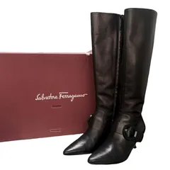 サルヴァトーレフェラガモ Salvatore Ferragamo ロングブーツ ガンチーニ レザー ローヒール サイドジップ 4 D 21.5cm 黒 ブラック レディース