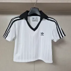 xs)アディダス フットボール ジャカード Vネック クロップド ポロ シャツ - 白