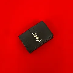 極 美品 SAINT LAURENT PARIS サンローランパリ YSL ロゴ 金具 レザー 本革 三つ折り財布 ミニ ウォレット コインケース ブラック 66142