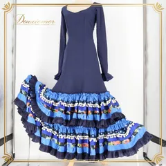 フラメンコ 衣装 ワンピース ドレス ボランテ フリル 紺 水玉 青 レース かわいい ダンス パーティ 発表会 舞台 ネイビー系 大人用 かわいらしい フリルデザイン おしゃれ 目立つ 柄物 舞台衣装 フラメンコドレス レディース ステージ衣装 クラシック