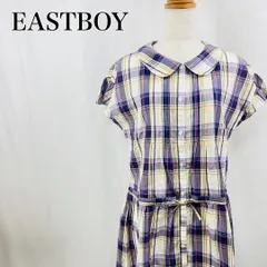EAST BOY　イーストボーイ　9　パープル　紫　チェック　丸襟　カジュアル　総柄　ウエストリボン　チュニックワンピ　シャツワンピ　半袖チュニックトップス 3427