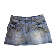 C453 SHEIN デニムショートスカート リボンデザイン レディース ウォッシュ加工 ブルー お洒落