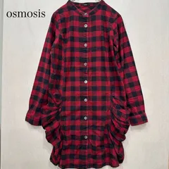 【オズモーシス】osmosis　シャツワンピース 長袖 チェック ポケット　ブラック　レッド