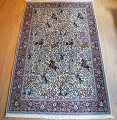 ペルシャ絨毯 シルク 手織り 狩猟文様 ターコイズブルー 豪華大判225万