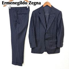 【極美品】 ゼニア×花菱銀座 2Bシングルスーツセットアップ ネイビーストライプ 極美品】 ゼニア×花菱銀座 2Bシングルスーツセットアップ ネイビー