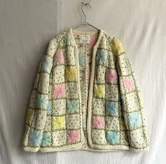 70s USA vintage ウール ニットカーディガン/ M レディース 生成り 花柄 ハンドニット ビンテージ K6-01029-9637