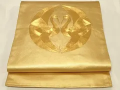平和屋着物◎太鼓柄袋帯　駒刺繍　双鶴文　金糸　正絹　逸品　CABB8264in