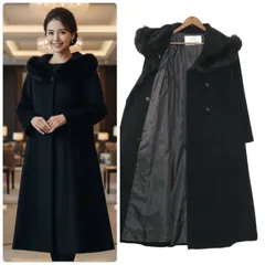 【超ロング丈/121cm】ブルーフォックスファー襟 アンゴラウール ロングコート Aライン エレガント フォーマル リアルファー 本毛皮 黒ブラック Mサイズ