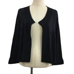 ヒューマンウーマン HUMAN WOMAN カーディガン ニット ギャザー 無地 バイカラー 長袖 M 紫 黒 パープル ブラック