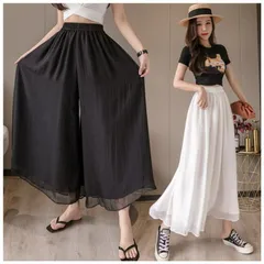 新品 ガウチョパンツ ワイドパンツ レディース シフォン 裾プリーツ リブフレアパンツ ガウチョ パンツ ボトムス スカーチョ ゆったり mlaxc