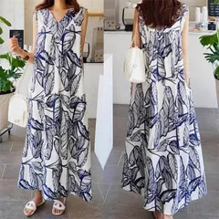 新品 ワンピース   ノースリーブ 花柄ワンピース   キレイめ マキシ丈ワンピース   夏 ロング丈 リゾートワンピース   前後2WAY 大きいサイズ  ゆったり ロングワンピース mlznx