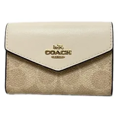 COACH(コーチ) カードケース美品  フラップ カード ケース・シグネチャー キャンバス CZ272 ベージュ×アイボリー×ダークブラウン レザー