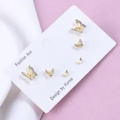 セットピアス バタフライ ラインストーン ゴールド ミニピアス 両耳用 3ペア カジュアル シンプル かわいい デイリー オフィス レディース 韓国アクセ