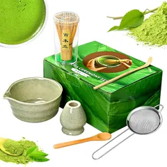 抹茶茶道セット、茶碗・茶筅・茶杓など6点セット、伝統的な茶道具、初心者向け(ライトグリーン) 0
