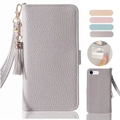 iPhone SE2/SE3/8/7 対応 手帳型ケース マグネット式 ストラップ付き 薄型 全面保護 ミラー付き 財布型 かわいい おしゃれ[グレー]