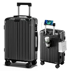 [SupTrip] スーツケース 機内持ち込み キャリーケース USBポート付き キャリーバッグ カップホルダー付き 隠しフック機能 多機能 大型 超軽量 静音 ダブルキャスター 耐衝撃 360度回転 軽量 ビジネス 修学 泊まる 旅行 出張 (ブラック, 1
