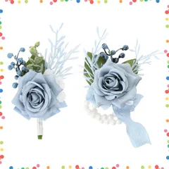 【在庫セール】ライトブルー プロムスーツ アクセサリー 花 結婚式 プロムパーティー 卒業式 ホームカミング 花嫁付添人 新郎付添人 花嫁 新郎 ローズコサージュとブートニアセット PATIKIL