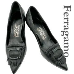 Ferragamo パンプス 本革 ガンチーニ フリンジ ポインテッドトゥ ブラック 1840T