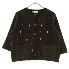 美品 ZARA ザラ 長袖 丸襟 ビジュー カーディガン M ダークブラウン レディース 古着