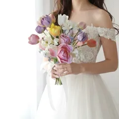 優しめカラフルチューリップブーケ　ブートニア付き　ウェディングブーケ　アーティフィシャルフラワーブーケ　造花