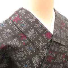 ウール着物 単衣 グレー×白 赤青ラメ糸 植物系柄 バチ衿 カジュアルきもの 普段着物 ウールきもの 仕立て上がり 和洋ミックス 身丈148.6cm