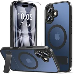 Fin2feel iPhone 17 ケース【MagSafe高速充電対応】ガラスフィルム &スタンド付き 米軍 MIL 耐衝撃認定 耐衝撃・指紋防止・黄ばみ防止 TPU+PC 素材 6.3 インチ専用(ブラック) 1