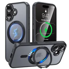 iPhone 17 用 ケース 【2025年版・強化型360°回転スタンド】 MagSafe対応 アイフォン17 スマホケース 縦横多角度 Uovon 携帯ケース アイホン17 カバー リング マグネット搭載 ワイヤレス充電 車載ホルダー 金属ボタン 半透 1