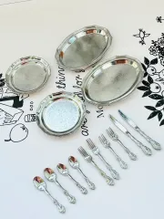 ミ앤ハウス マット シルバー 皿 & カトラリー 2set ミニチュア ぬいぐるみ用