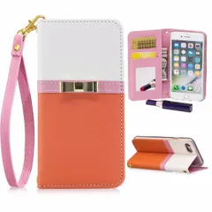 iPhoneXSMax 手帳型ケース スマホケース ゴールドリボン バイカラー かわいい おしゃれ マグネット開閉 ストラップ付き カード収納 ミラー付き スタンド レザー 合皮 ホワイト×オレンジ×ピンク