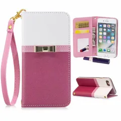 iPhoneXSMax 手帳型ケース スマホケース ゴールドリボン バイカラー かわいい おしゃれ マグネット開閉 ストラップ付き カード収納 ミラー付き スタンド レザー 合皮 ホワイト×ブライトピンク