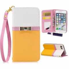 iPhoneXSMax 手帳型ケース スマホケース ゴールドリボン バイカラー かわいい おしゃれ マグネット開閉 ストラップ付き カード収納 ミラー付き スタンド レザー 合皮 ホワイト×イエロー×ピンク