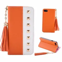 iPhoneXSMax 手帳型ケース スマホケース タッセルチャーム付き スタッズ バイカラー レザー おしゃれ かわいい マグネット開閉 ミラー付き カード収納 スタンド機能 ゴールドチェーン ストラップ付き ホワイト×オレンジ