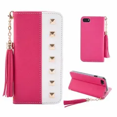iPhoneXSMax 手帳型ケース スマホケース タッセルチャーム付き スタッズ バイカラー レザー おしゃれ かわいい マグネット開閉 ミラー付き カード収納 スタンド機能 ゴールドチェーン ストラップ付き ホワイト×ホットピンク
