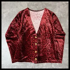 ヒョウ柄 レオパード ベロア カーディガン Vネック 赤×黒 モード 古着