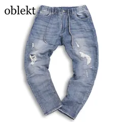 oblekt オブレクト ダメージ&リペア加工★ イージー ストレッチ スウェット デニム パンツ ジーンズ Sz.M メンズのサムネイル