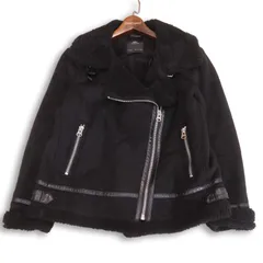 ZARA ザラ 秋冬 フェイク ムートン★ ボア ライダース ブルゾン ジャケット Sz.L レディース 黒