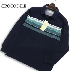 【新品 未使用】 CROCODILE クロコダイル 通年 ワニ刺繍★ 長袖 ボーダー ポロシャツ Sz.L メンズ 紺 ネイビー 日本製