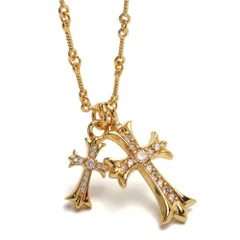 [silver KYASYA]ダブルクロスネックレス ツイストチェーンネックレス 2色 ゴールド 18KGP シルバー 50cm 十字架 クリアストーン メンズ 男性 お洒落 人気 トレンド 流行りs