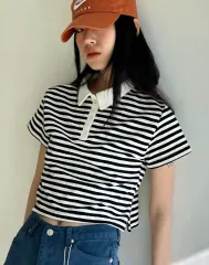 S20 エスイヨン テリー ストライプ カラ 半袖 クロップド Tシャツ