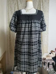 森ガール nerd Mori ギンガム CHECK ブラック ONE PIECE パフ 半袖 LL