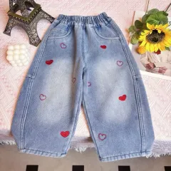 ハート刺繍 ワイド デニム 起毛 パンツ 150