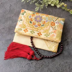 帯リメイク　数珠入れ　数珠ケース　袱紗タイプ　J-15-034 ハンドメイド　念珠入れ　クリーム　和風　和柄　花紋様