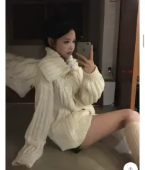 ケーブル編み ハイネック カーディガン アイボリー