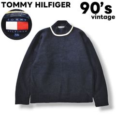 【フラッグタグ】 90sヴィンテージ トミーヒルフィガー TOMMY HILFIGER モックネック ウール ニット セーター L ネイビー メンズ