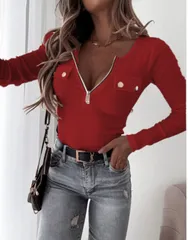 【レッド】レディース ジップアップ リブ素材 タイトフィット トップス 長袖 リブ フロントジップ 深Vネック タイト カットソー セクシー 大人カジュアル シンプル 韓国ファッション 春秋 コーデ