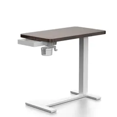 昇降式サイドテーブル ガス圧昇降 ベッドテーブル PCテーブル キャスター付き 引き出し・カップホルダー付き 高さ64～102cm 無段階調整 介護用　在宅勤務　ブラウン