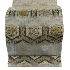 【美品】 袋帯 名品 本袋 亀甲 草花 唐織 金糸 灰色 全通 正絹 【中古】