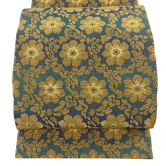 【美品】 袋帯 名品 能衣唐花文様 花 亀甲 金糸 輪奈織 薄緑 全通 正絹 【中古】